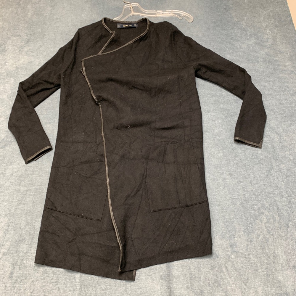 Zara Knit Wrap Cardigan Sweater Womens Medium Black Long Sleeve Patch Pockets